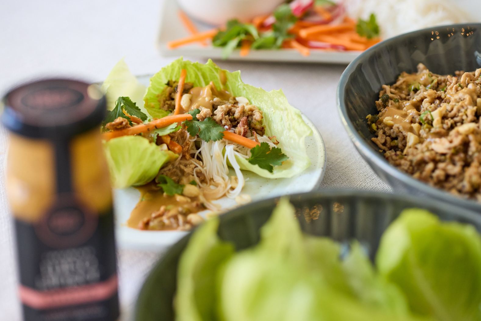 Miso Ginger Pork San Choy Bao With Vermicelli Noodles And Roasted Peanuts
