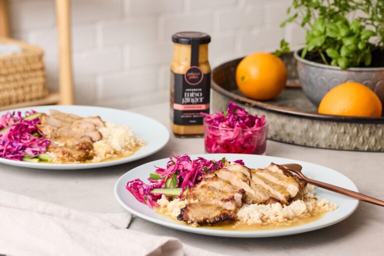 Miso Ginger Roasted Pork Fillet With Quick Pickle Salad, Steamed Rice